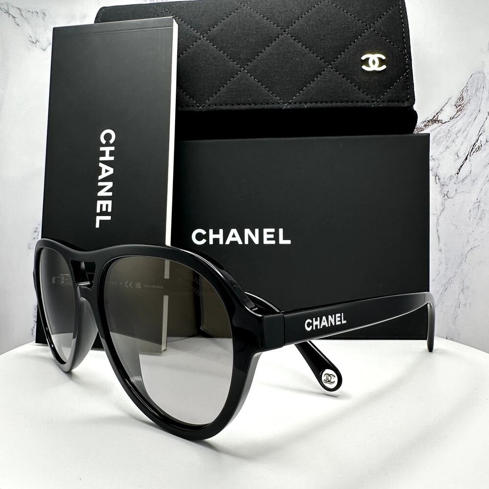 New CHANEL Sunglasses Black Polarized Lens Pilot Aviator 55mm - Picture 15 of 16